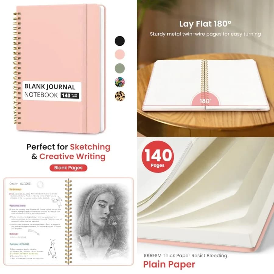 Blank Spiral Journal Notebook for Women Men, 140 Pages, Sketch Book, Plain Notebook for Drawing Sketching, Journals for Creativ