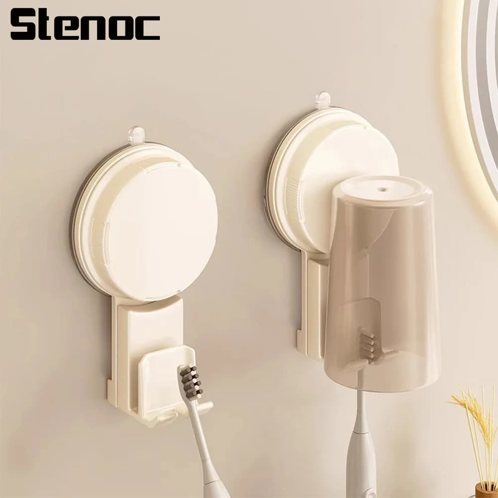 Portaspazzolino a ventosa grigio/bianco, senza foratura, da parete, set accessori bagno