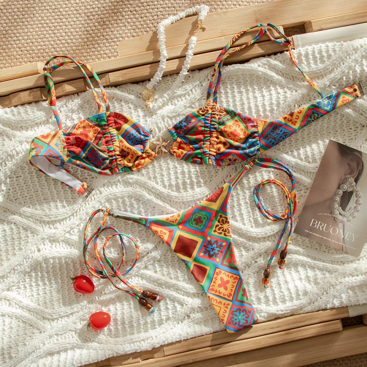 sexy vintage print metal star bikinis sets two pieces beads wrinkled thong swimsuits bathing suit swimwear biquini tankini