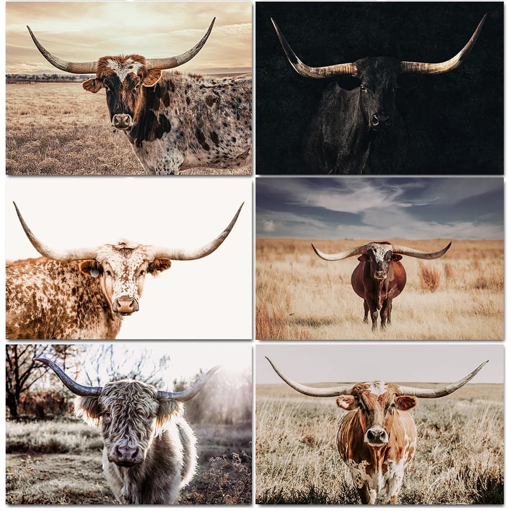 (No frame)Western Texas Longhorn Cow Wild Animals Nature Landscape Retro Poster Canvas Painting Wall Art Pictures Home Farmho