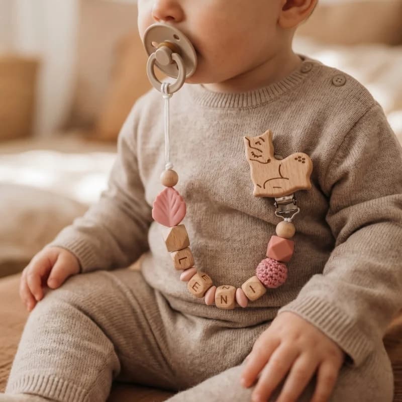 Catenella Portaciuccio Personalizzata con Nome, Perline in Silicone e Massaggiagengive in Legno, Senza BPA, Regalo per Neonati