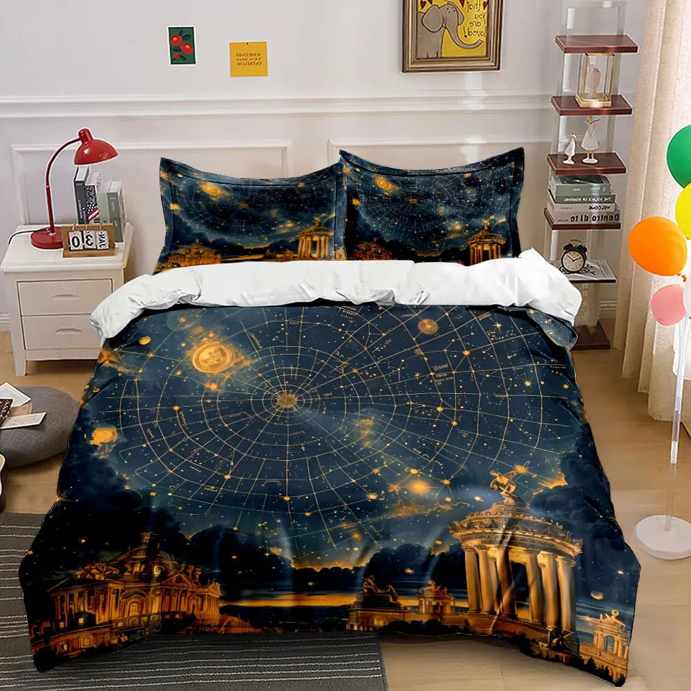 Set di biancheria da letto Starry Sky Architecture Art Decor con 1 copripiumino e 2 federe, singolo, matrimoniale, king, queen, regalo