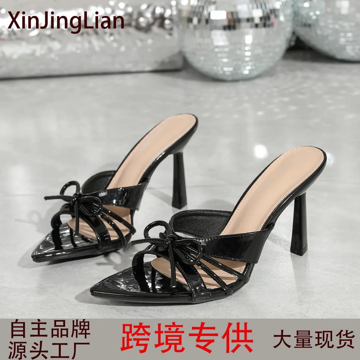 KM-ROYA New Arrival 9CM/3.54inch Heel Summer Narrow Band Women Slipper White Heel Dress Pumps Ladies Slides Zapatillas De Mujer