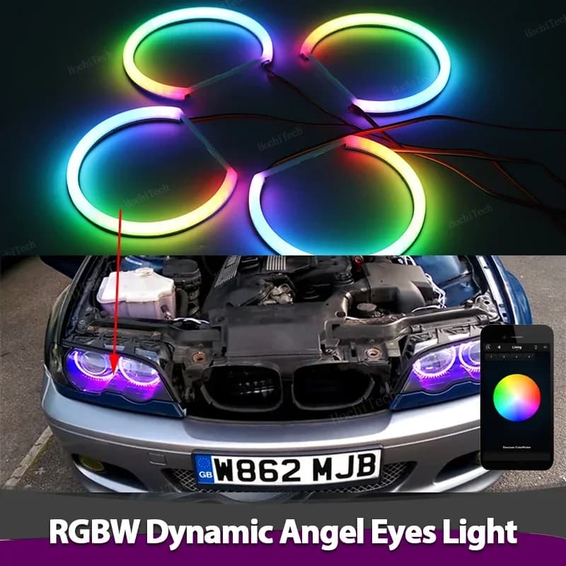 4x Anelli luminosi a LED RGBW multicolore APP Telecomando Anello fluente Angel Eyes per BMW E46 1998-2002 Sequenziale girevole