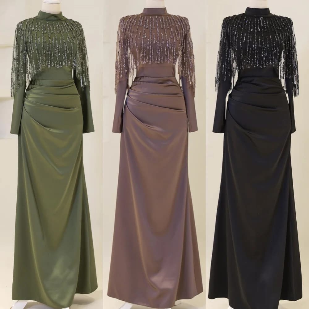 Customized Long Dresses With High Trapeze Collar formal evening tassel with Custom Folded Tassel
