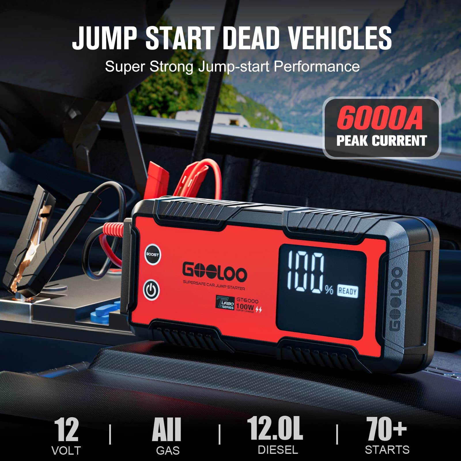 GOOLOO GT6000 Jump Starter 6000A 12V Fast Charge,27000mAh,Large Display,All Gas & Up To 12L Diesel Supersafe Roadside Emergency Kit
