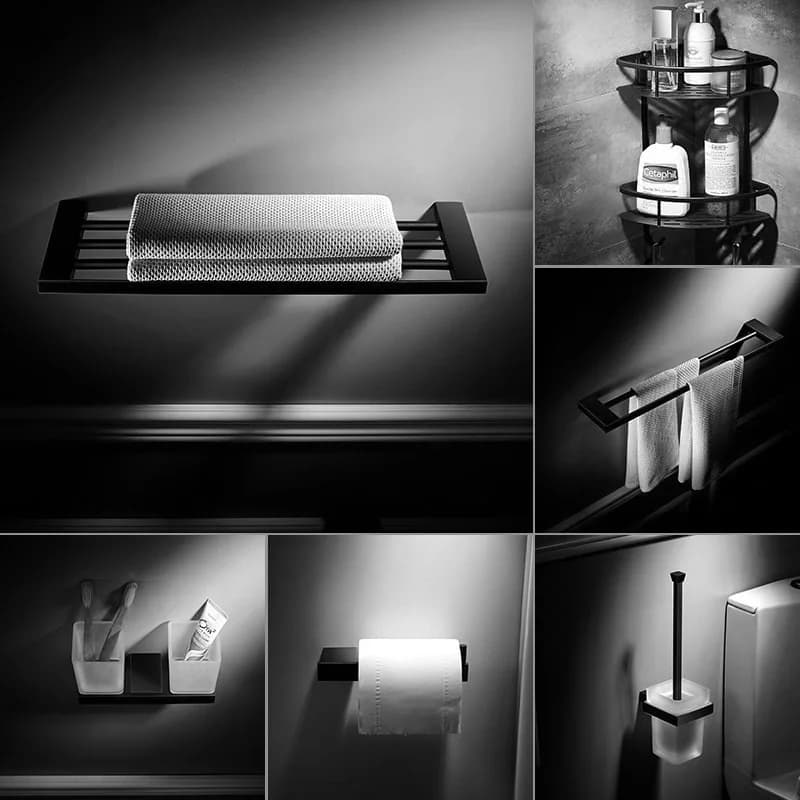 Set di accessori per il bagno in ottone nero: portasciugamani, porta carta igienica, mensola angolare, portasciugamani a barra, porta scopino WC