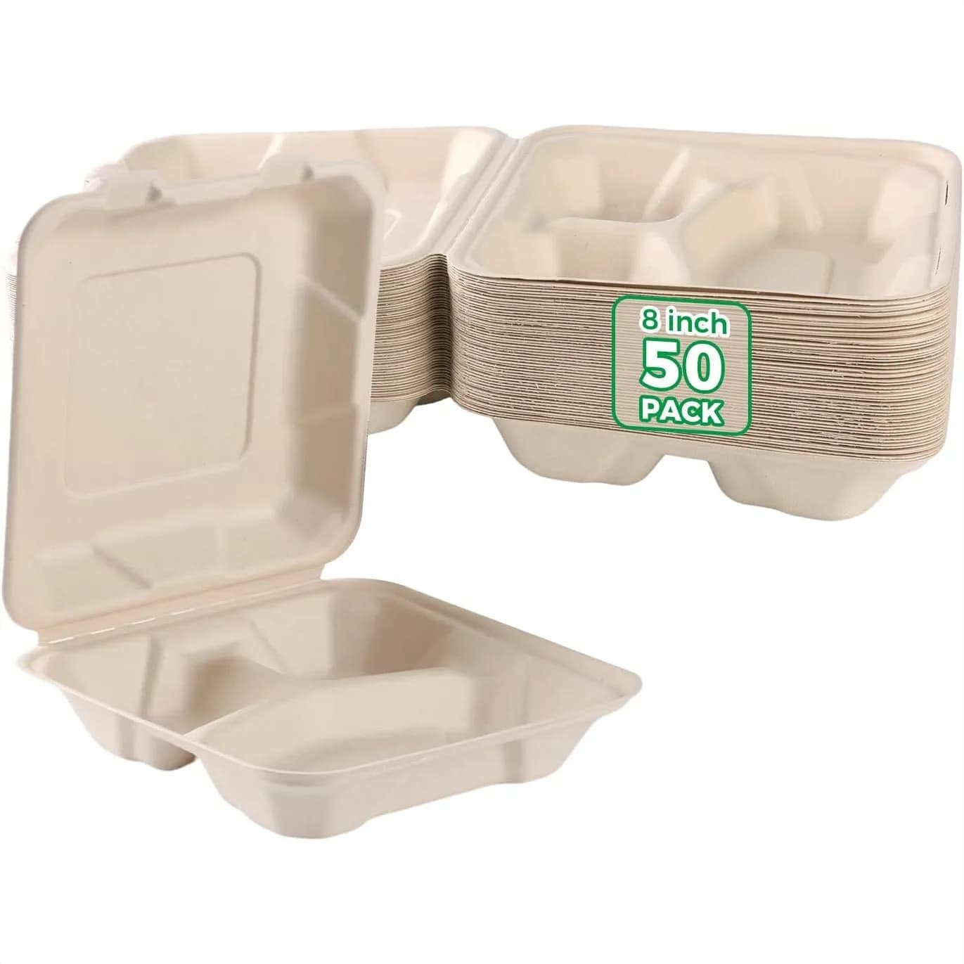 Contenitori per Alimenti da Asporto con Coperchi 8x8'' Confezione da 50, Biodegradabili, 3 Scomparti, Contenitori Usa e Getta in Carta per Preparazione Pasti