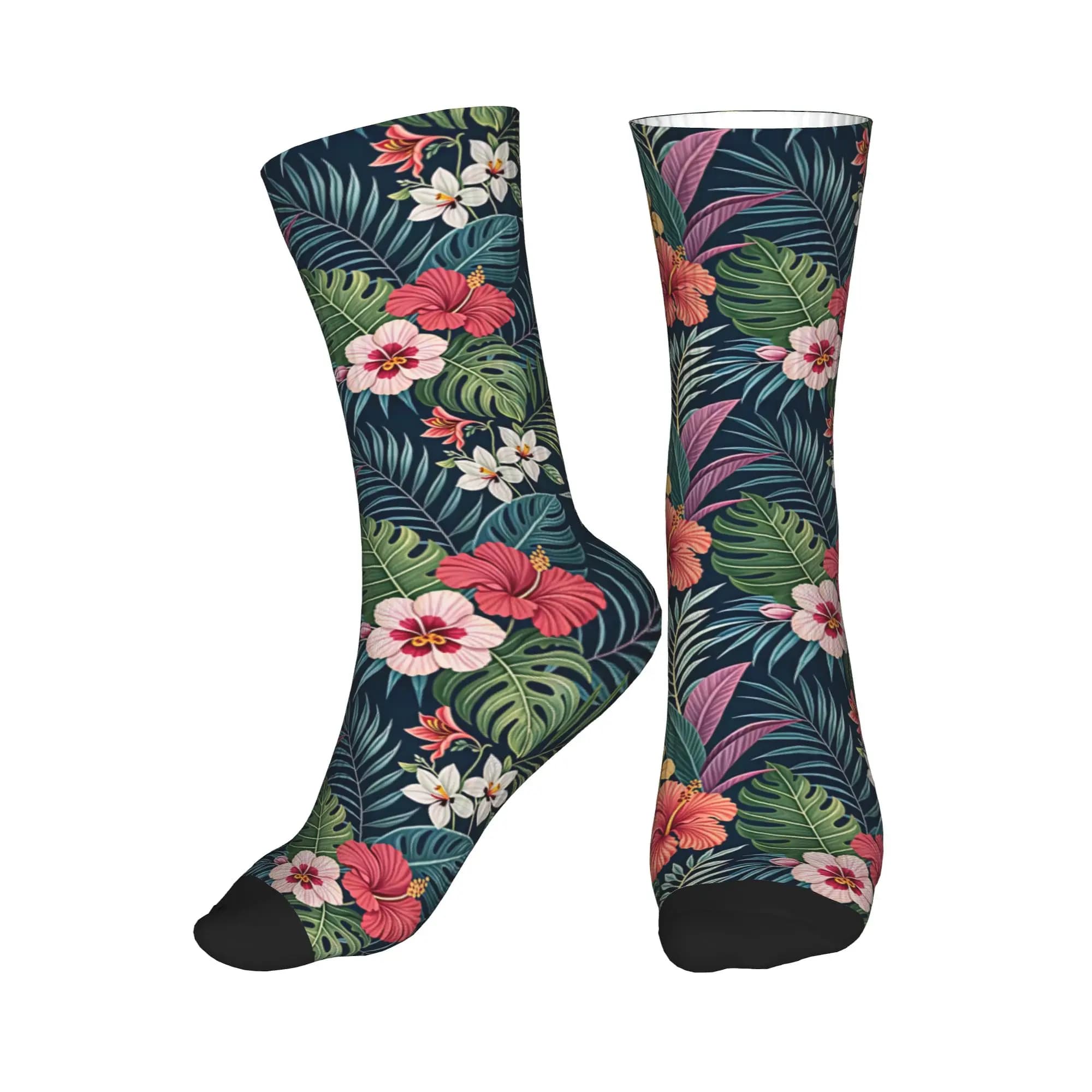 Fun Mens Hawaiian Hibiscus Plumeria Tropical Floral Print Dress Socks Unisex Comfortable Warm 3D Print Crew Socks