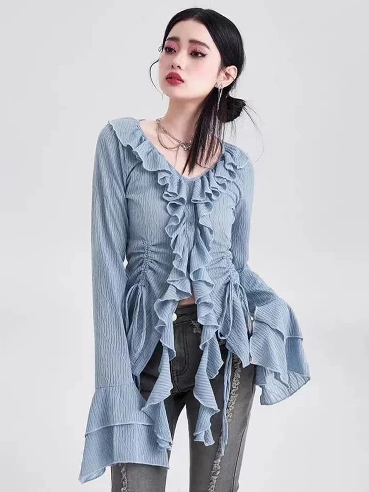 Vintage Ruffles T Shirts Women Elegant Slim Flare Sleeve Y2k Tops Korean Sexy V Neck Irregular Female Design Drawstring Tees