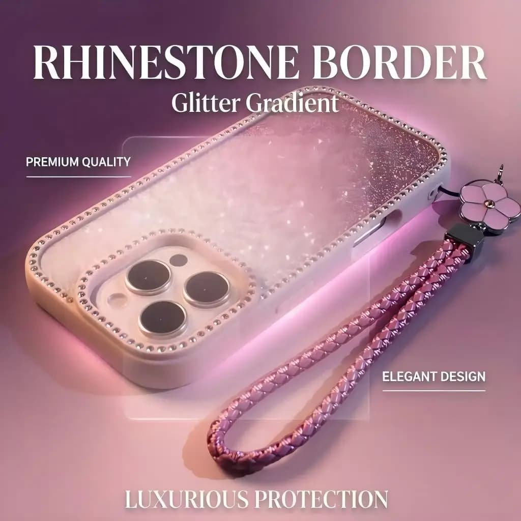 Double-sided Rhinestone Gradient Glitter Phone Case with Lanyard for iPhone 11 12 13 14 15 16 17 Pro Max Anti-fall Back Cover