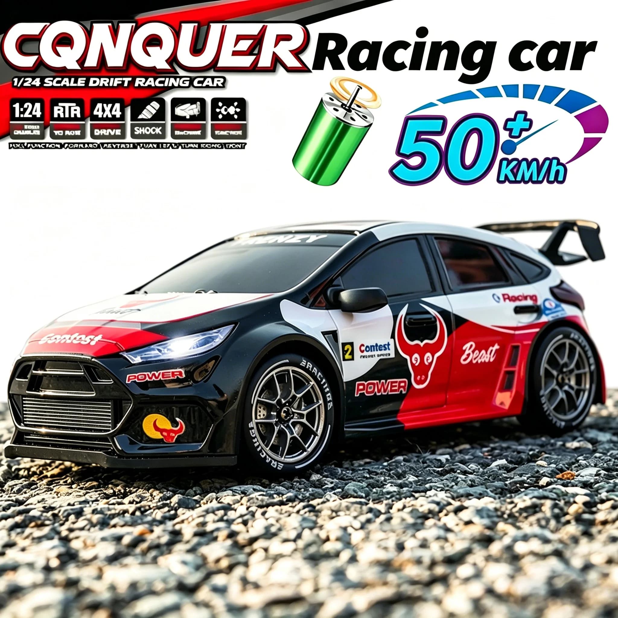 Auto RC 1:24 4WD 50KM/H per Acrobazie e Drifting, Auto da Corsa Telecomandata Brushless Speed Champion con Luci LED, Giocattolo Regalo Adatto per Ragazzi