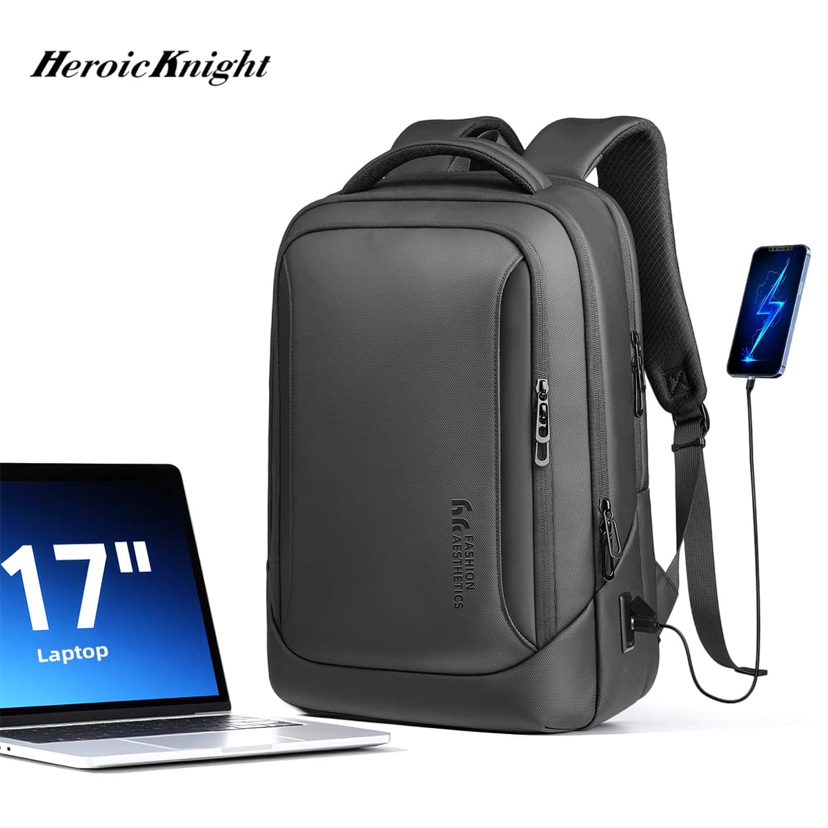 Zaino da lavoro classico Heroic Knight Zaino per computer da 17 pollici impermeabile Zaini da viaggio giornalieri da uomo minimalisti con USB