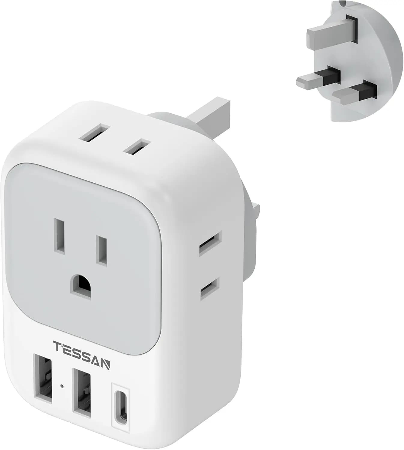 Adattatore da Viaggio Tipo G con 4 Prese e 3 Porte USB per Regno Unito, Irlanda, Dubai, Hong Kong