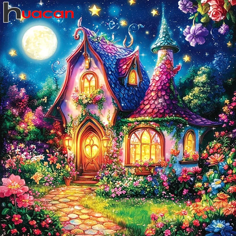 Huacan Kit Complete Painting Diamond Landscape Garden and Home with Moon, Diamond Mosaic, Decorative Squares