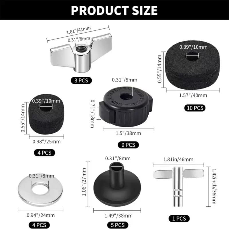 【DISPONIBILE】Accessori di Ricambio per Piatti da Batteria - Feltri per Frizione e Feltri per Piatti, Manicotti per Piatti e Chiave per Batteria (36 PEZZI)
