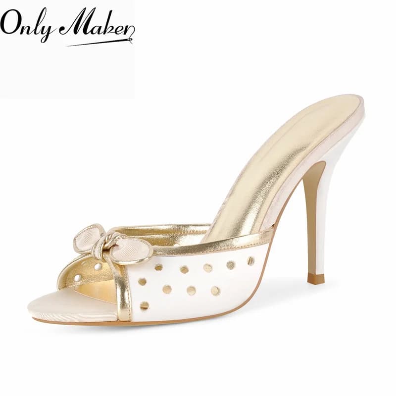 Onlymaker Gold Peep Toe Mules Heels Hollow Bow Peep Slip On Design 10CM Stiletto High Heel Summer Wedding Bridal Dress Sandals