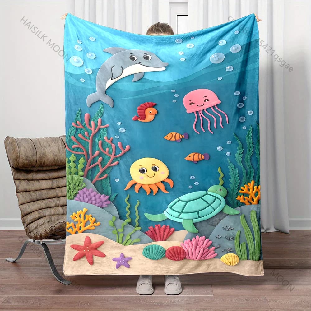 Coperta con motivi di creature marine e coralli, disponibile in diverse misure, adatta per casa, camera da letto, divano, viaggi, campeggio, ideale come regalo.