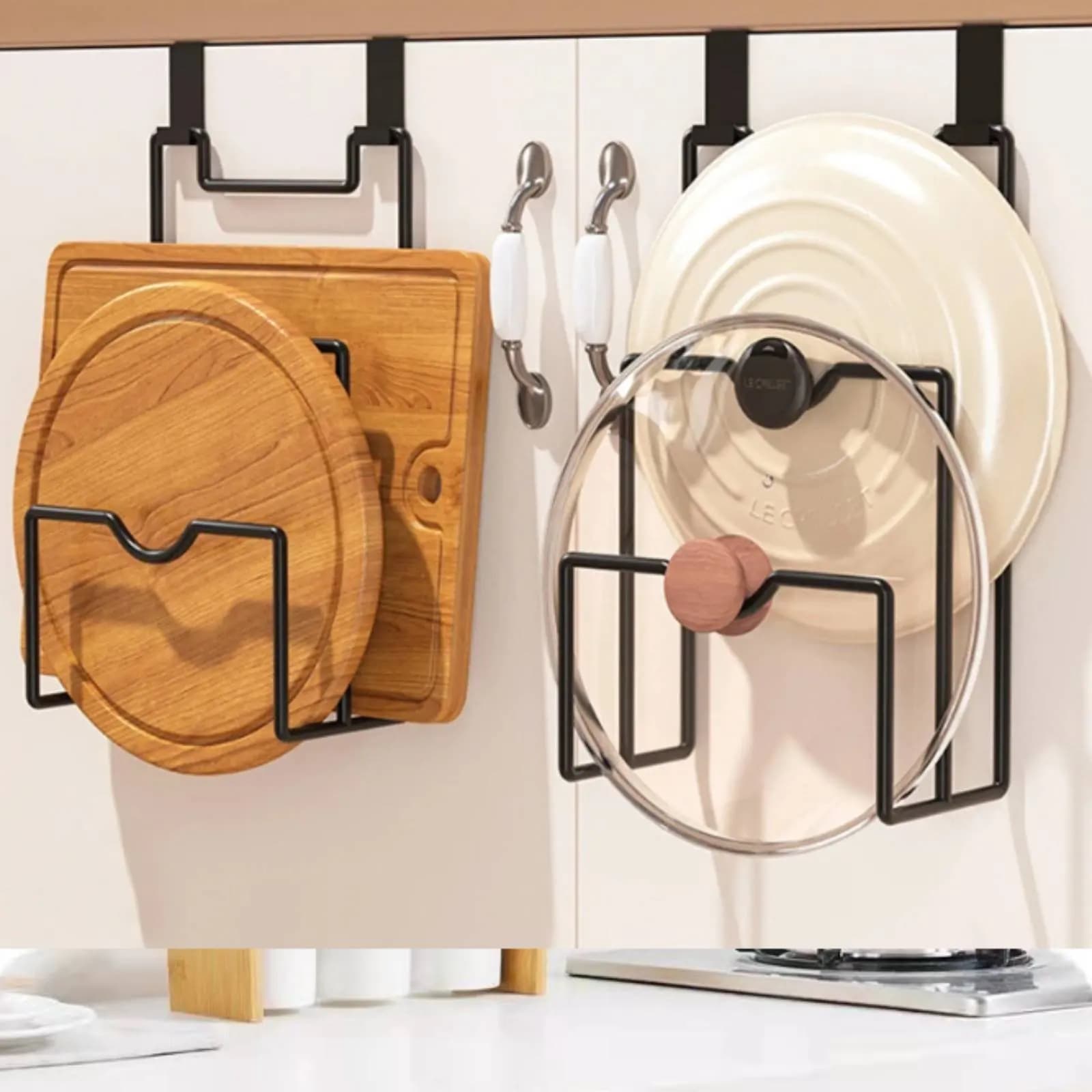 Pot Lid Rack No-Drill Lid Holder Rack Cutting Board Holder Multi-Tier Kitchen Storage over the Door