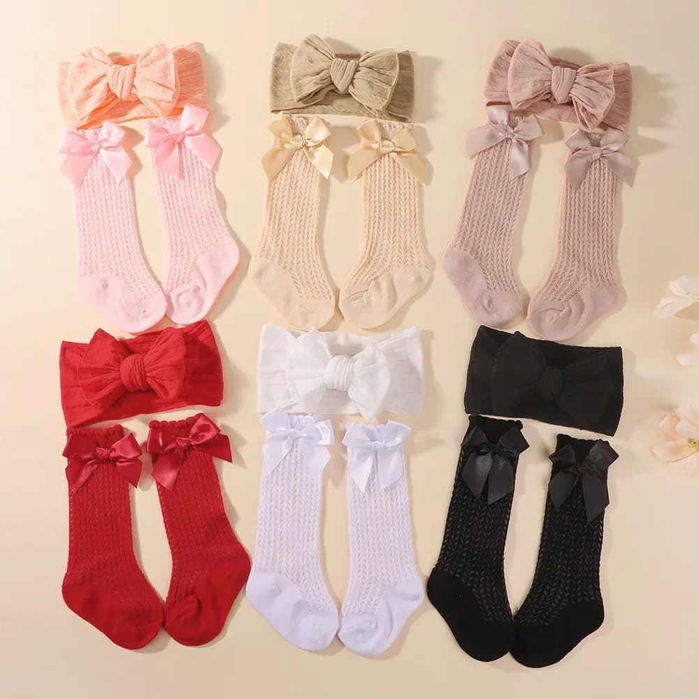 Set 2 Pezzi: Fascia per Capelli con Fiocco e Calzini Lunghi per Neonata - Morbida Fascia Elastica in Nylon e Calzini con Fiocco per Neonati