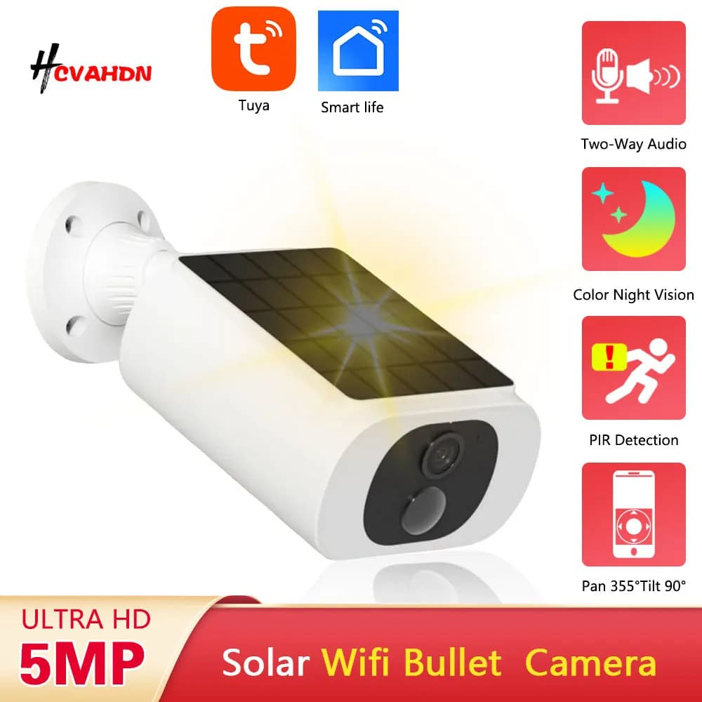 Telecamera bullet IP Tuya da 5 MP WiFi Batteria esterna Pannello solare CCTV Telecamera di sorveglianza wireless Protezione di sicurezza domestica Audio bidirezionale
