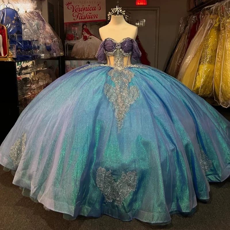 Abiti da principessa Quinceanera blu lucido con spalle scoperte che borda applique di cristallo pizzo tull dolce 16 abito da ballo abiti 15
