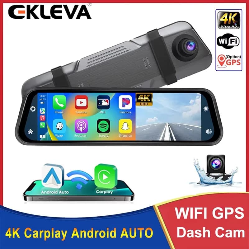 EKLEVA 4K 10" Dash Cam CarPlay Android Auto Car Dvr Wireless 5G WiFi Bluetooth AUX Dashcam FM Videoregistratore Fotocamera