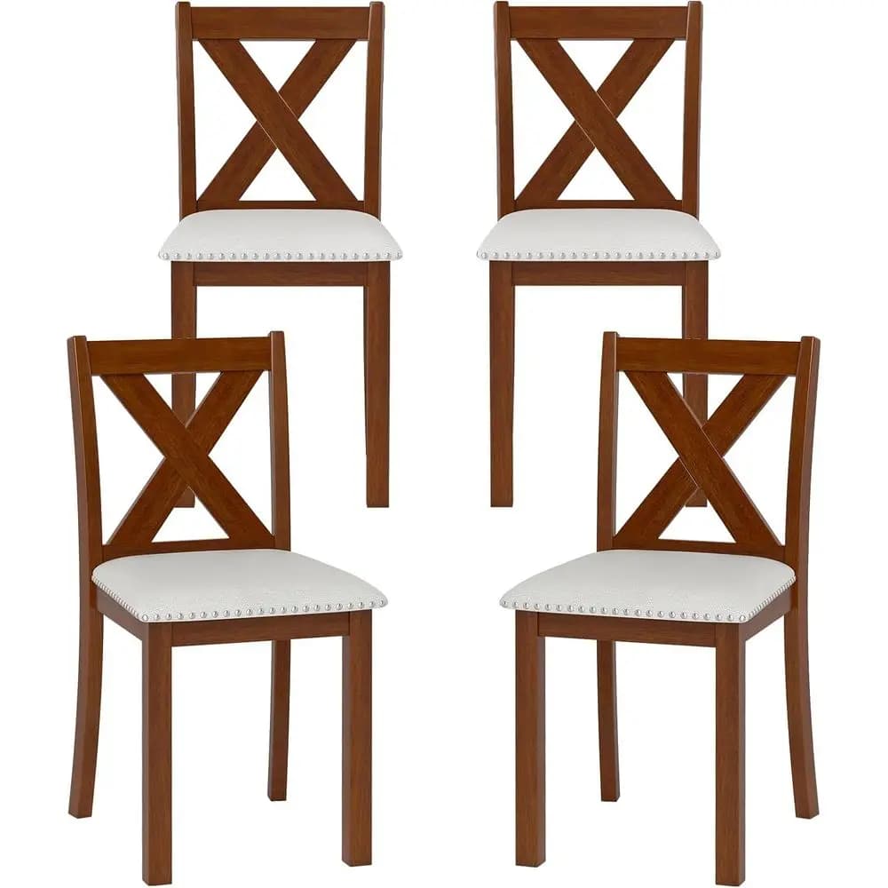 Set di 4 Sedie da Pranzo in Legno Massello di Acacia con Cuscini in Lino e Schienale Curvo per Cucina o Soggiorno