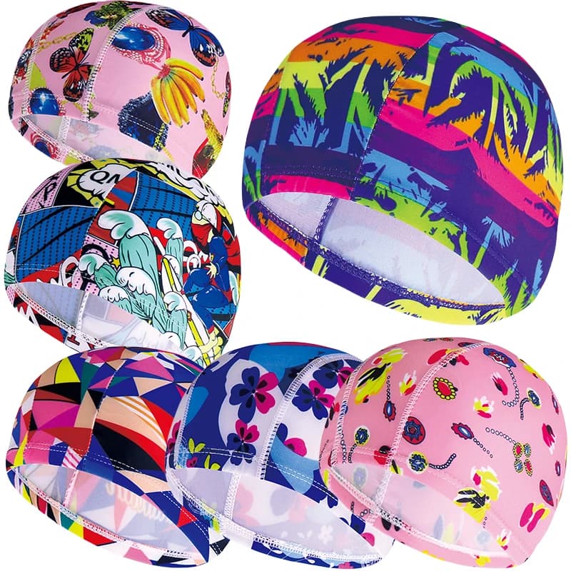 Women's Fabric Swim Headphones Multicolored Swimming Pool Printed Sports Water Hat Swimwear Nylon Adult Elastic