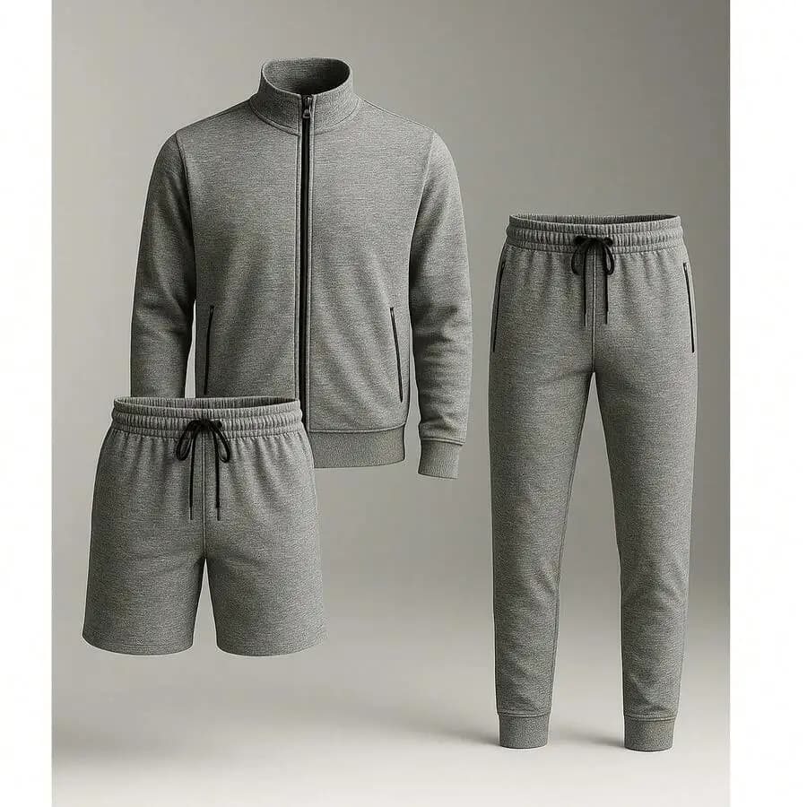 Top da uomo a maniche lunghe con zip e finiture melange, con pantaloni jogger abbinati e pantaloncini, set lounge in tre pezzi