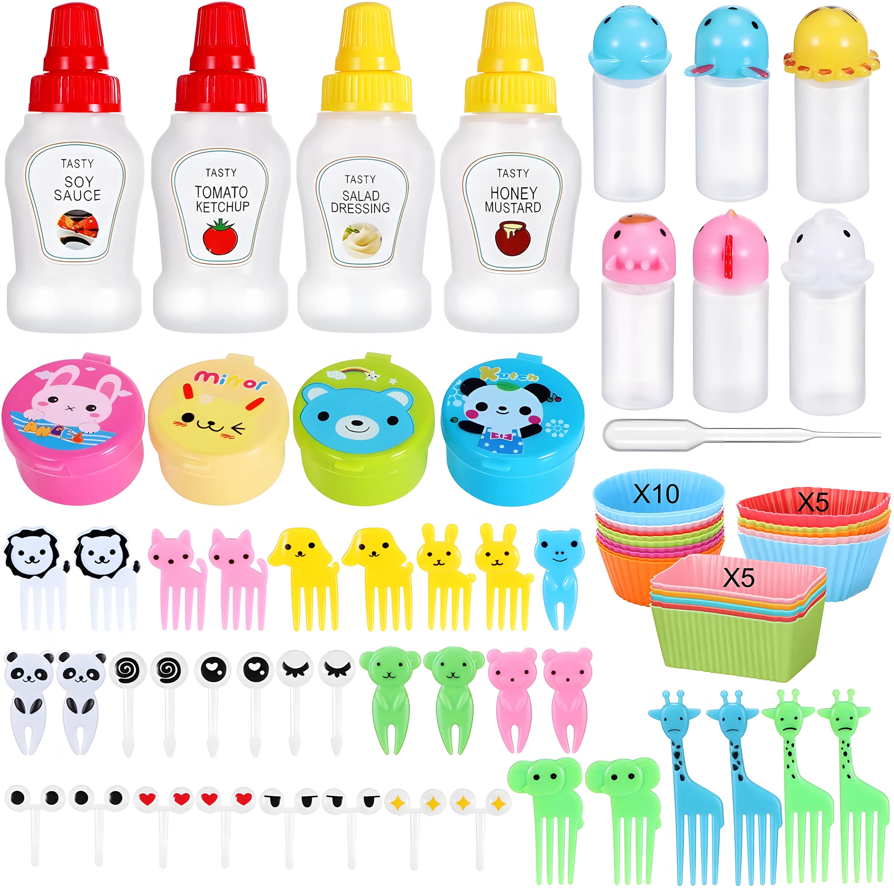 Accessori per scatole da pranzo Bento per bambini con forchette da frutta Plettri per alimenti Mini bottiglie da spremere Contenitore per salsa di soia e fodera per cupcake in silicone