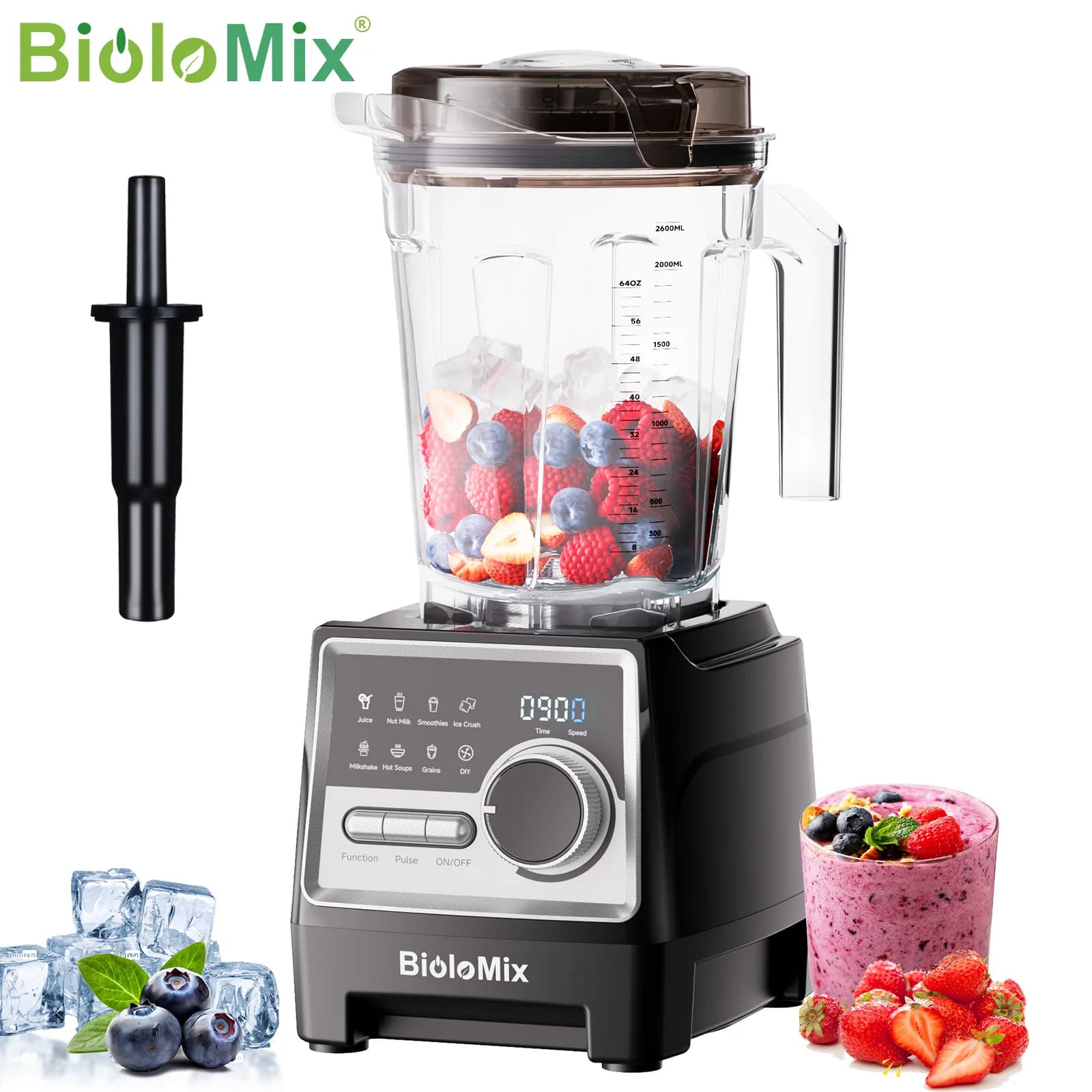 Frullatore professionale BioloMix da 1500 W con barattolo senza BPA da 2,6 litri con 6 lame, 7 programmi preimpostati per frullati, frullati, latte di noci