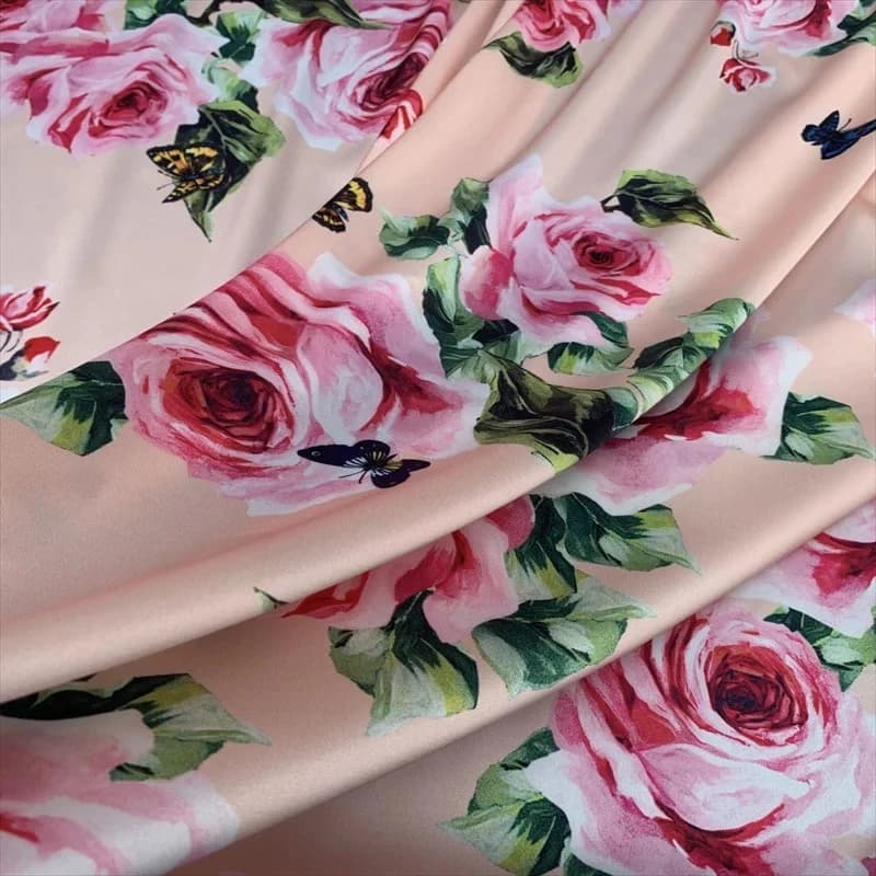 Spring Summer Rose Butterfly Pattern Digital Printing Stretch Satin Fabric Hand DIY Sewing Dress Material Per Meter