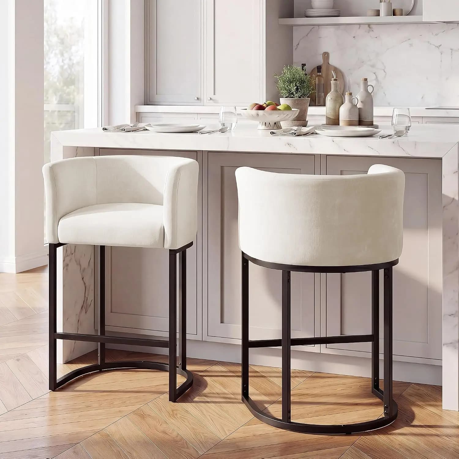 Modern Chenille Counter Height Bar Stools Set Of 2, Comfortable Upholstered Barrel Back Kitchen Island Chairs, Cushion Seating With Arms And Footrest For Dining Room Lounge Cafe, Off White
