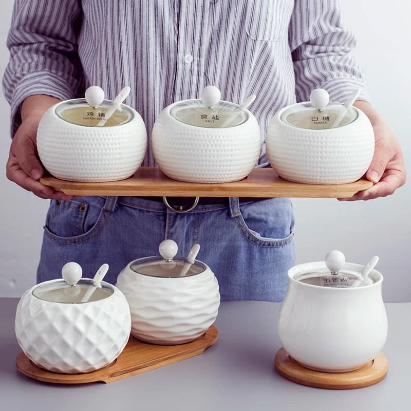Cucina per uso domestico Barattolo di condimento in ceramica Coperchio in vetro Scatola per condimenti Set combinato Strumenti singoli per sale peperoncino MSG