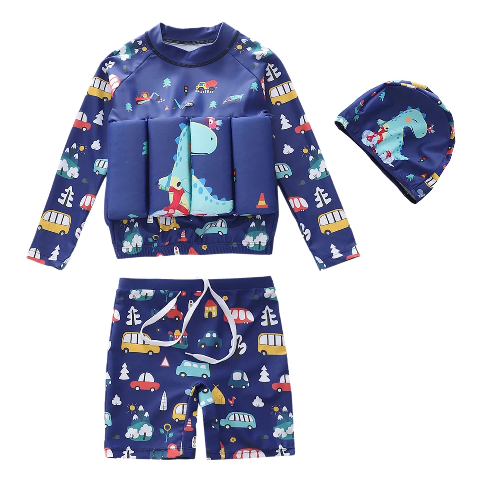 Costume da bagno per bambini con galleggiante, top a maniche lunghe, pantaloncini e cappuccio da nuoto per l'estate in spiaggia