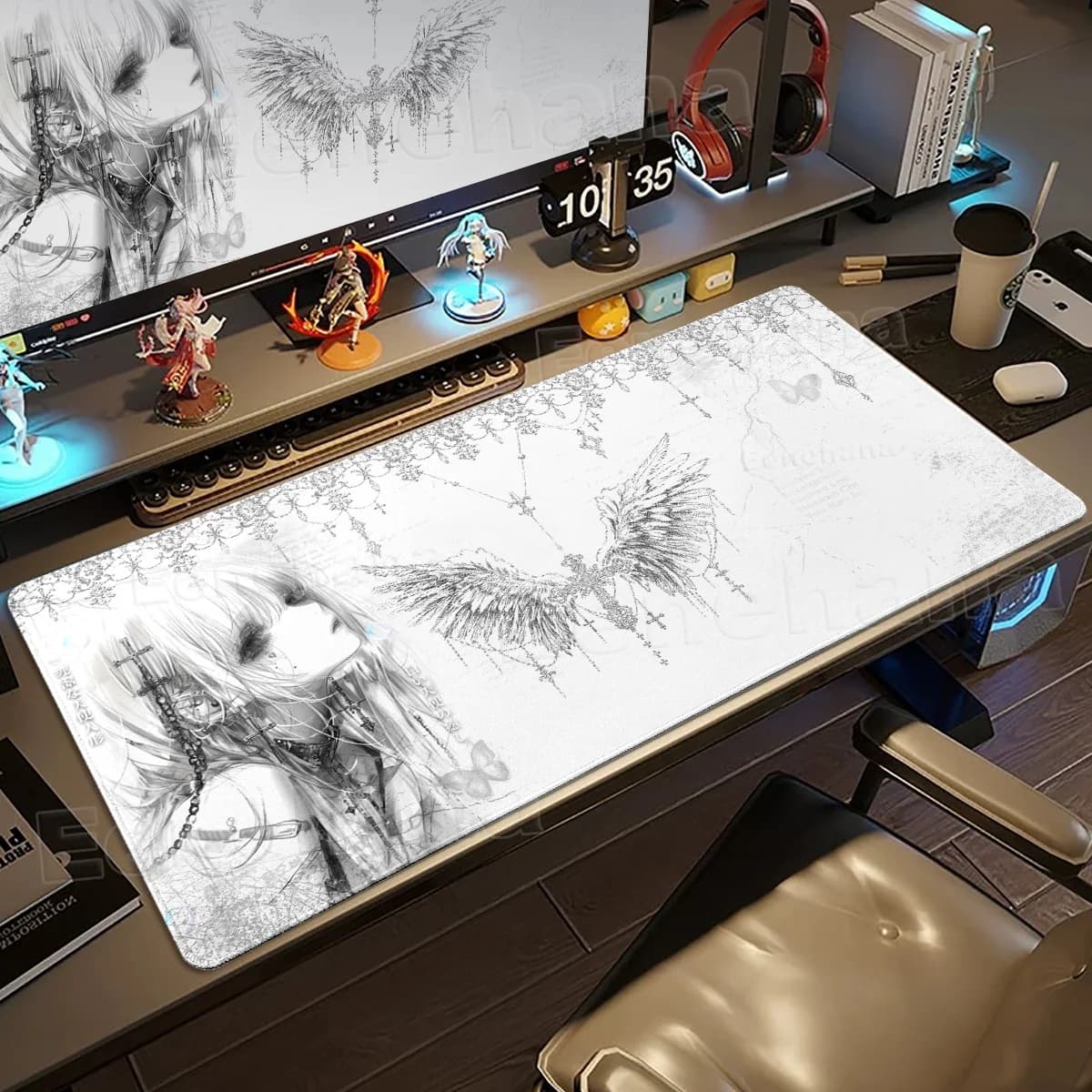Tappetino per mouse con ragazza anime in bianco e nero, tappetino per mouse antiscivolo per gaming, molto adatto per giocatori e uso in ufficio
