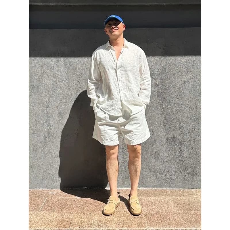 Light Luxury Men's Linen Sun Protection Shirt And Sport Shorts Set Summer Thin Long Sleeve Casual Wear for Young Men