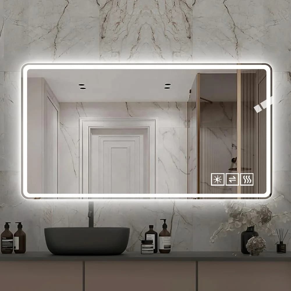 Specchio cosmetico illuminato antiappannamento moderno a LED da 48 * 32 pollici 3 colori dimmerabile a 5 livelli montato a parete per uso in bagno di hotel