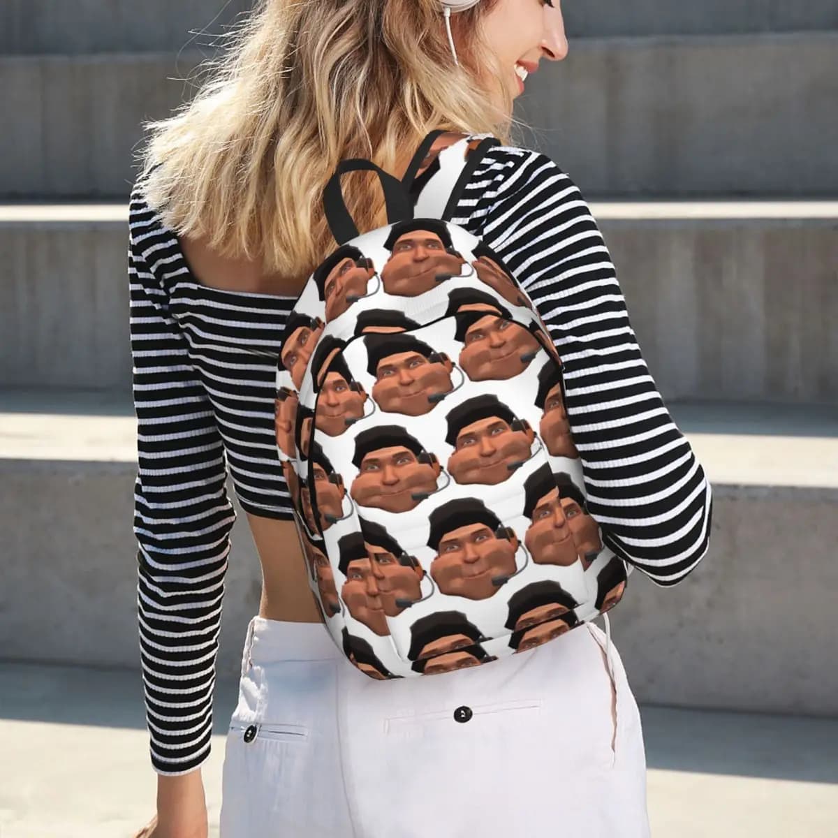 Mushy Cheeks Scout TF2 With Hat And Headset Student Backpack School Bag Hiking Travel Daypack Fashion Bookbag Shoulder Bags
