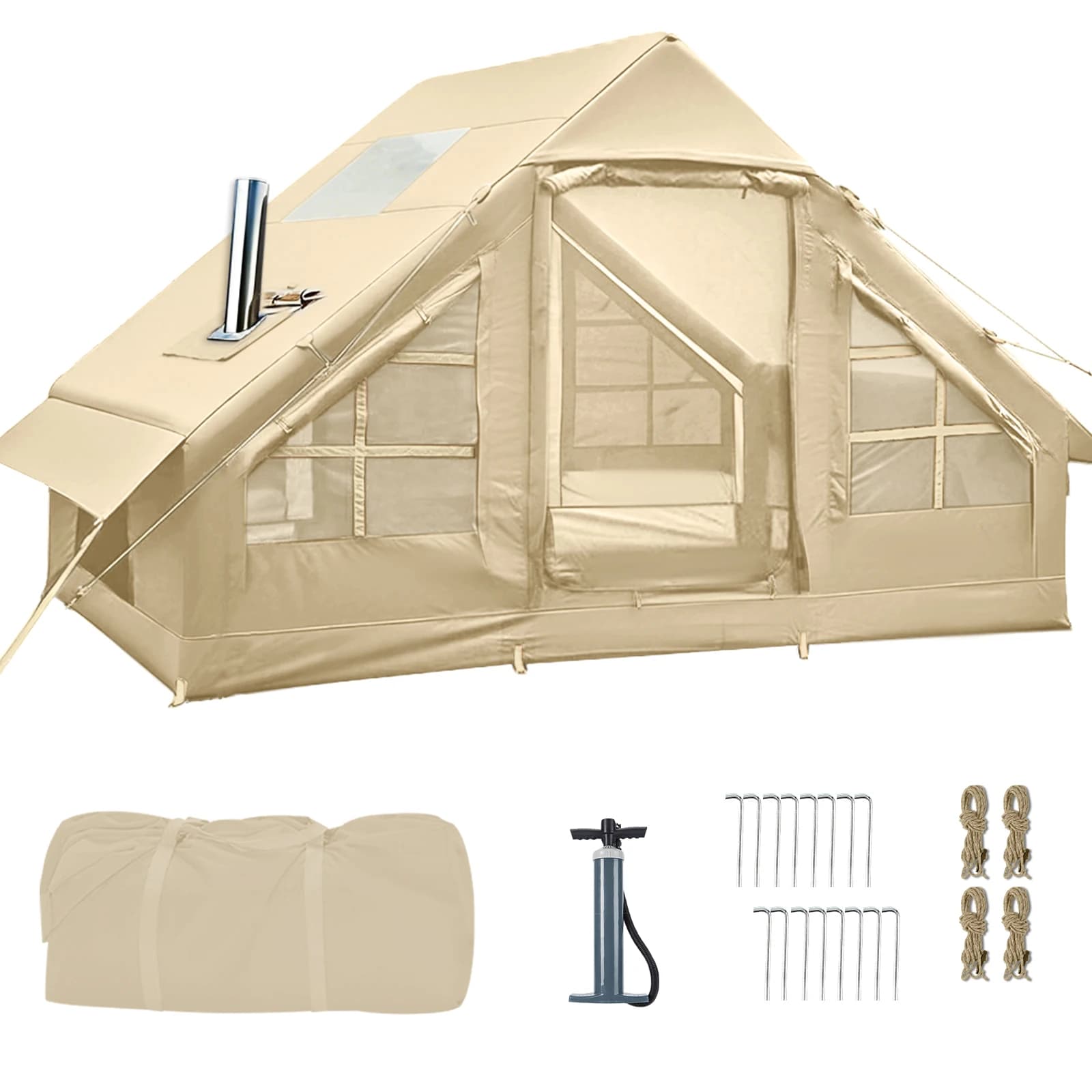 Tenda da campeggio con 6,6 metri quadrati di spazio, impermeabile, resistente ai raggi UV, leggera, rapida da montare, tenda gonfiabile integrata con foro per la stufa e finestra sul tetto