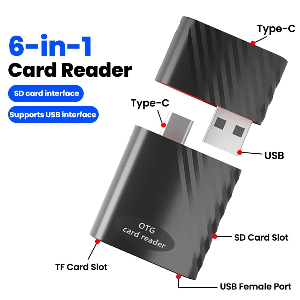 Adattatore OTG per lettore di schede multifunzionale 6 in 1 Schede USB 2.0 a TF/SD Adattatore di memoria portatile dal design combinato per telefono portatile