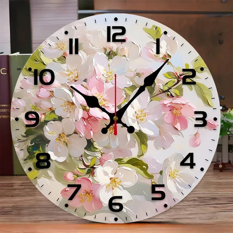 Round wooden wall clock with white pink flower, suitable for living room, office, study room, bedroom, home decoration