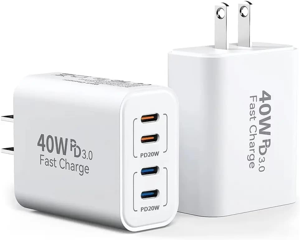 Caricatore USB C da 40W (Confezione da 2), Adattatore da Muro a 4 Porte per Ricarica Rapida per iPhone 17, Samsung Galaxy