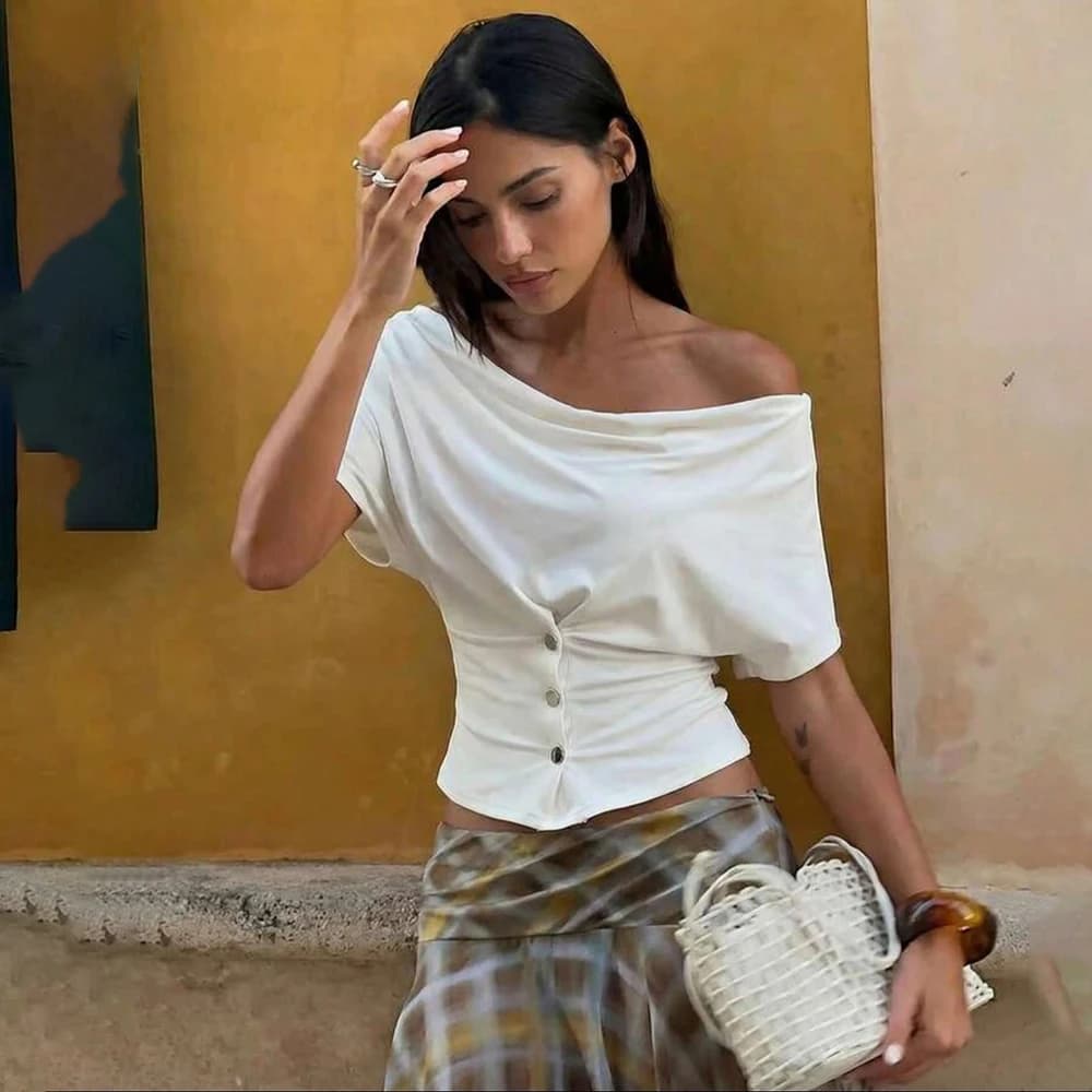 Tuularose Donna Estate Top Fashion Button-Front Patchwork Scollo a V Pieghettato Top aderente New Casual High-Street Party T-shirt femminili