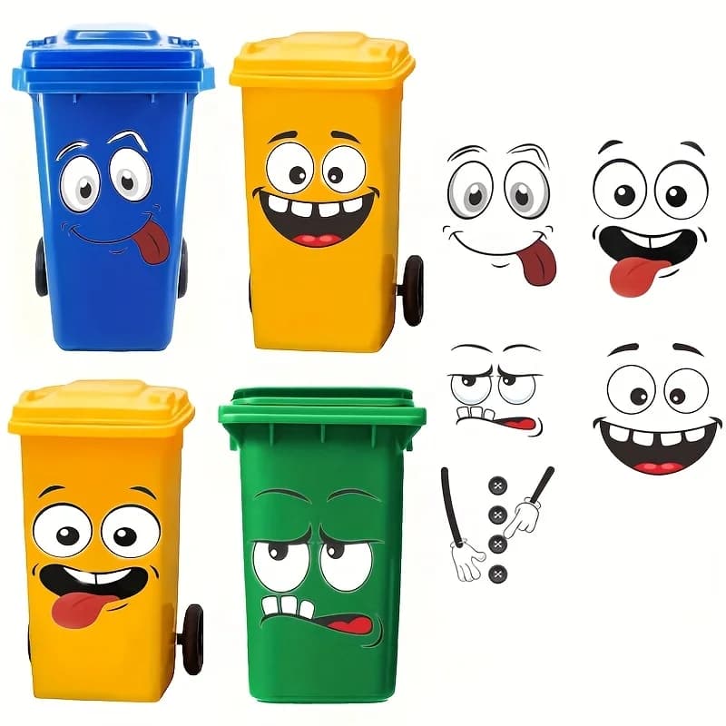 4 pezzi di faccia di cartone animato adesivi autoadesivi in PVC frigorifero riciclaggio bidone della spazzatura adesivi espressione bidoni della spazzatura adesivi decorativi