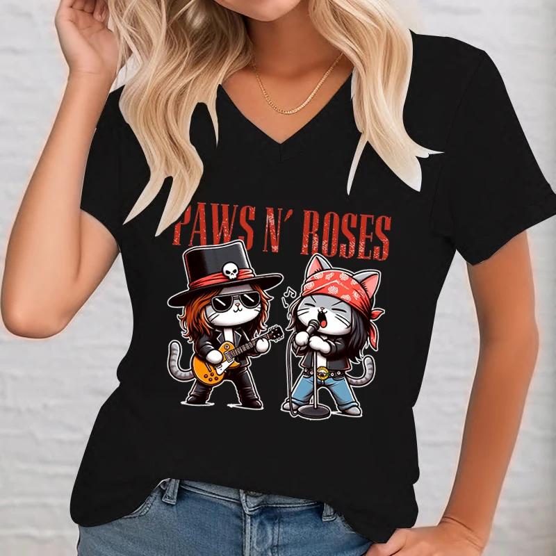 Zampe Divertente Gatto Rock Star Gatto alla moda T-shirt grafica Donna Divertimento Chitarra Amante della musica Top classici Regalo per musica rock Amante dei gatti Top