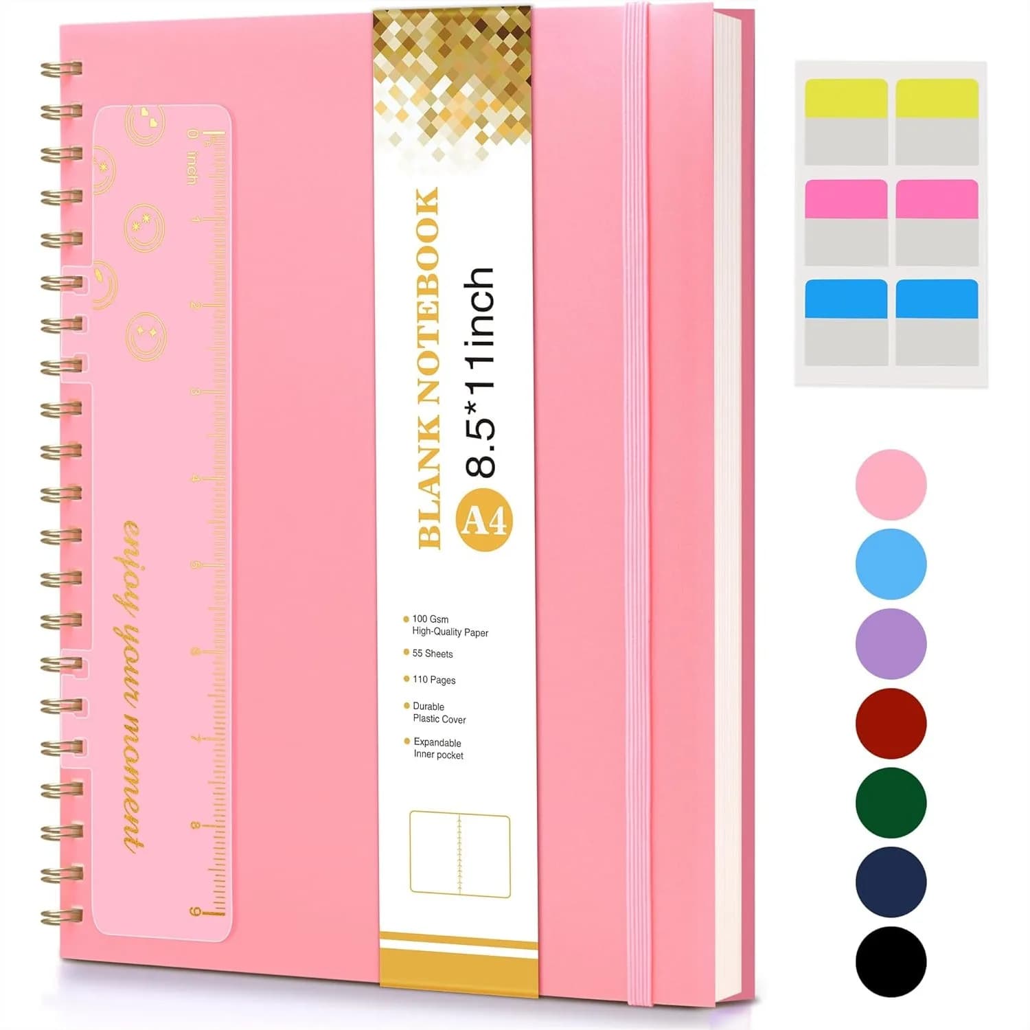 A4 Blank Spiral Notebook 8.5x11 Inches 100 GSM Pink Sketch Book Plastic Hardcover Journal for Drawing Writing School Office 110 Pages
