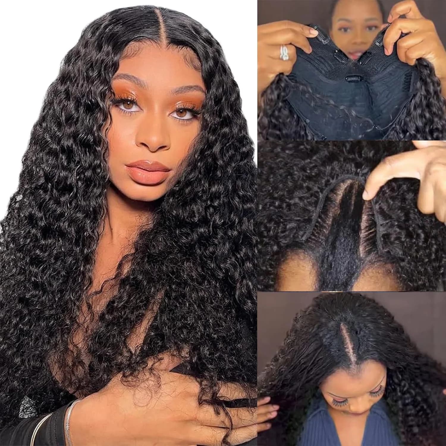 V Part Curly Wave Wig Human Hair Wigs 220% Density Human Hair With Clip in V Part Wig Water Wave Human Hair Natural Color