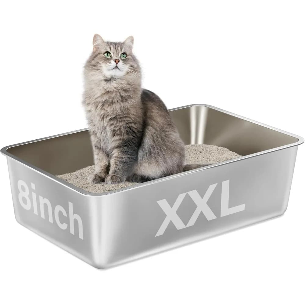 Lettiera per gatti in acciaio inossidabile XXL di grandi dimensioni Jumbo lato alto profondo 8 pollici antiaderente inodore facile da pulire per grandi dimensioni